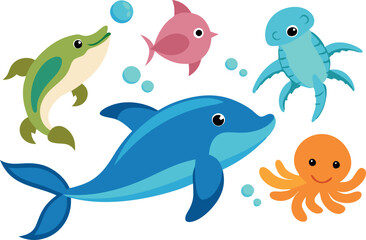 Obraz premium Adorable ocean animal vector illustration with colorful dolphin, fish, octopus, crab, and whale characters. Perfect for children's designs, educational content, and playful themes.