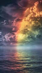 Fototapeta premium Rainbow arches gracefully over stormy sea, symbolizing hope divine blessing
