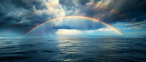 Rainbow arches gracefully over stormy sea, symbolizing hope divine blessing