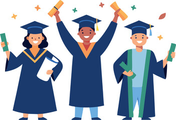 Illustration of happy graduates celebrating with diplomas in hand, wearing caps and gowns, representing success and achievement.