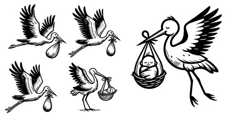 stylish stork with baby in black and white, vector set