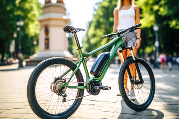 Fototapeta premium Woman renting an electric bicycle with battery in a green urban park. Concept of sustainable transport and zero emissions bike rental services for eco-conscious living and renewable energy