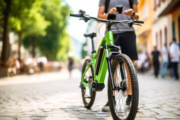 Person using smartphone app to rent electric bicycle with battery. Green city trees on background. Concept of sustainable transport and eco-friendly mobility solutions for modern urban living