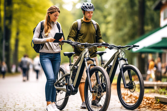 Couple, man and woman using smartphone to rent electric bicycle in green park. Concept of sustainable transport, rental services with renewable energy for eco-friendly living and smart mobility