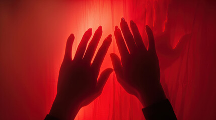 A photograph of hands pressed against a translucent surface, fingers spread wide, bathed in a deep red glow with shadows creating a creepy, mysterious effect