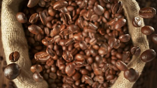 Super Slow Motion Shot of Falling and Rotating Coffee Beans Followed by Camera Motion at 1000fps.