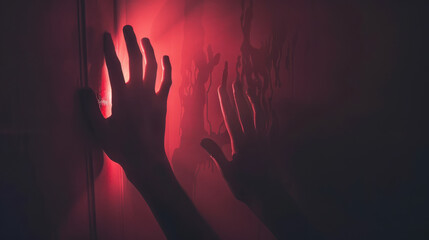 A photograph of hands pressed against a translucent surface, fingers spread wide, bathed in a deep red glow with shadows creating a creepy, mysterious effect