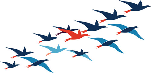 Vector illustration of colorful birds flying together in a coordinated formation. Blue and red hues symbolize unity and freedom.