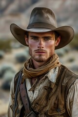 Portrait of a cowboy in old west style under soft sunlight. Cowboy face wearing hat in blurred desert background.