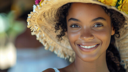 A close-up of a smiling woman wearing a straw sun hat decorated with flowers, radiating joy and warmth.