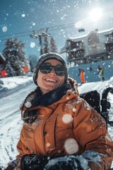 Disabled young woman in wheelchair enjoys snowy ski resort, symbolizing winter accessibility