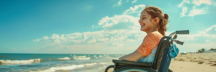 Disabled young woman wheelchair smiles at beach, emphasizing accessibility for handicapped holiday