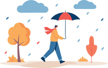Colorful illustration of a person walking with an umbrella in a rainy autumn scene. Captures the essence of fall and rainy weather.