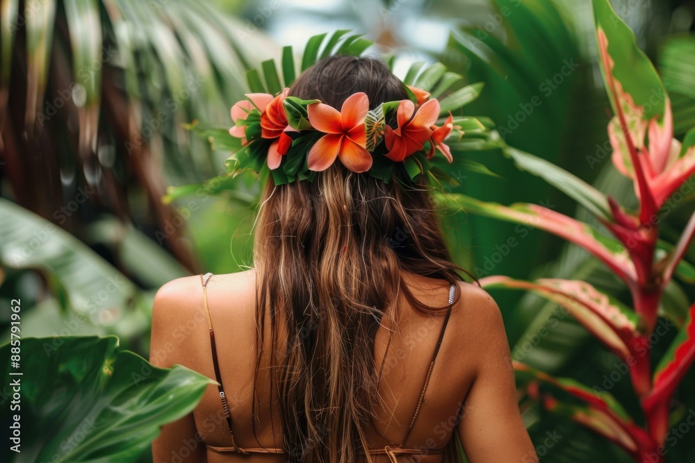 Wall mural exotic tropical flower crown beauty worn by a young adult woman in a lush. green natural setting. sh