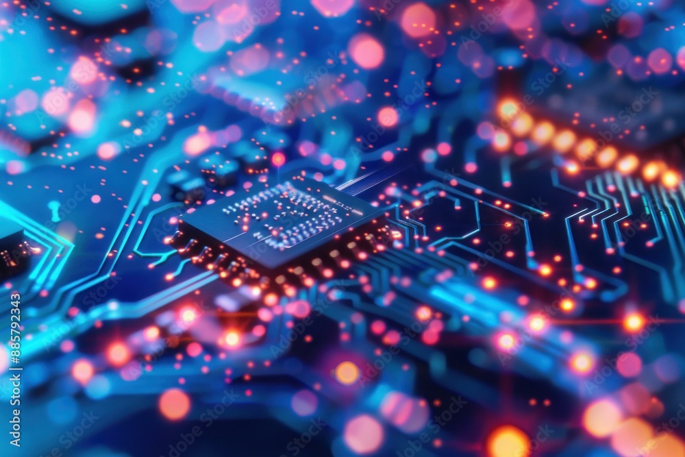 Poster closeup of a vibrant circuit board with illuminated pathways and nodes symbolizing data flow