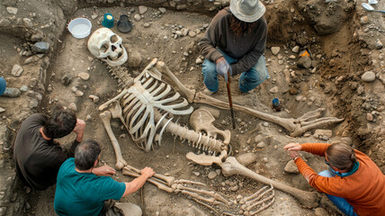 Archaeologists work with ancient giant human skeleton at excavation site, fiction view of fossil remains. Concept of dig, archeology, mystery, secret, fantasy