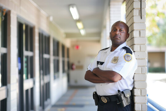 Security guard officer works at school, African American man wearing uniform inside building. Concept of secure education, safety, university, college, service,