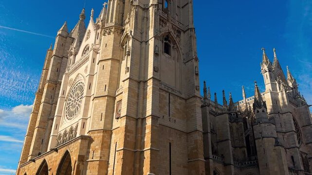 Scenic view of Gothic Cathedral of Leon, Castile and Leon, Spain. High quality 4k footage