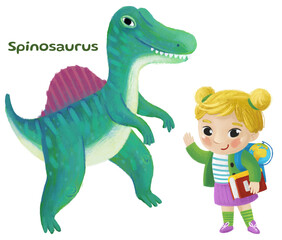 cartoon happy and funny colorful prehistoric dinosaur dino spinosaurus isolated illustration with child pointing on animal