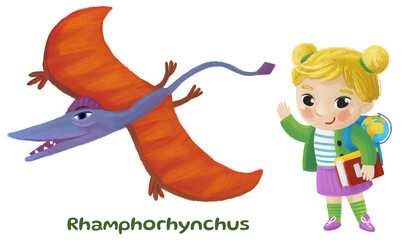 cartoon happy and funny colorful prehistoric dinosaur dino rhamphorhynchus isolated illustration with child pointing on animal © honeyflavour