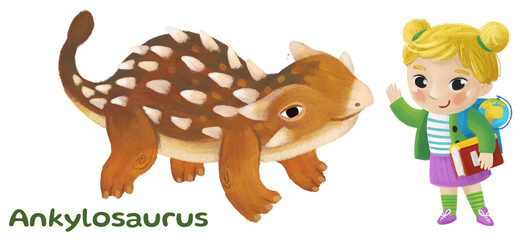 cartoon happy and funny colorful prehistoric dinosaur dino ankylosaurus isolated illustration with child pointing on animal © honeyflavour