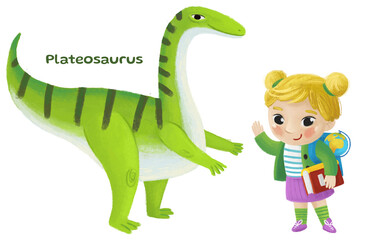 cartoon happy and funny colorful prehistoric dinosaur dino plateosaurus isolated illustration with child pointing on animal