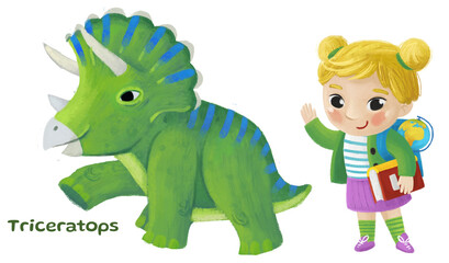 cartoon happy and funny colorful prehistoric dinosaur dino triceratops isolated illustration with child pointing on animal