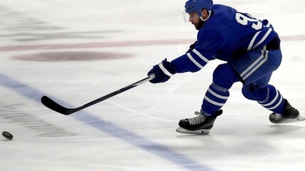 Obraz premium Hockey player in blue jersey deftly handles puck on ice rink during intense game.