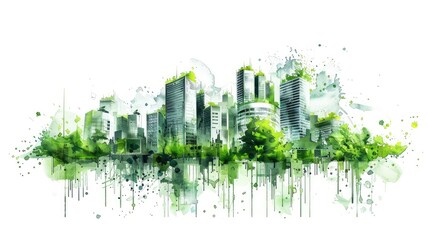 Obraz premium Eco-Friendly Green Building with Sustainable Watercolor Design