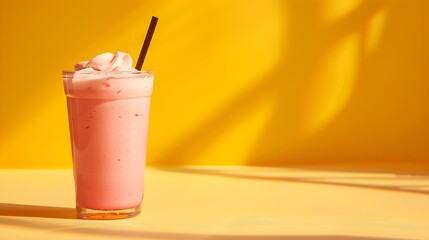 Pink Summer Drink on a yellow Background with Sunlight and Shadows