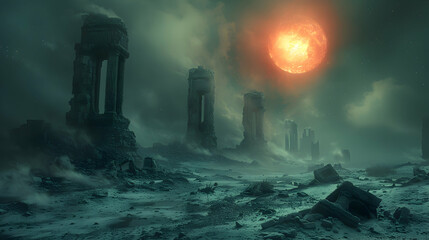 Fototapeta premium A dystopian solar planet with the remains of a fallen empire and a dark sky