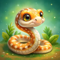 Fototapeta premium Cute cheerful little green or mint snake in a basket with flowers. Symbol of 2025. Happy funny serpent. Realistic drawing on a white background. Chinese 2025 New Year symbol.