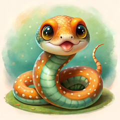 Cute cheerful little green or mint snake in a basket with flowers. Symbol of 2025. Happy funny serpent. Realistic drawing on a white background. Chinese 2025 New Year symbol.