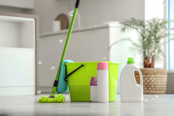 Mop with bucket, different cleaning supplies and soap bubbles on floor at home