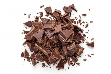 A close-up shot of a pile of chocolate pieces on a white surface, great for use in recipes or food-related content