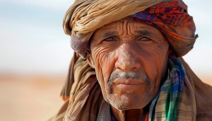 Man in arid desert, face showing resilience and challenges desert life. Harsh environment, survival