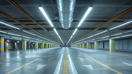 Obraz premium An underground parking garage. The ceiling is lined with metallic beams and pipes, illuminated by overhead fluorescent lights. The walls are painted in a muted gray, and the floor is marked with white