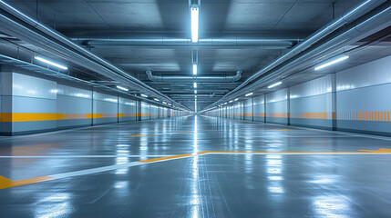Obraz premium An underground parking garage. The ceiling is lined with metallic beams and pipes, illuminated by overhead fluorescent lights. The walls are painted in a muted gray, and the floor is marked with white