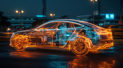 A transparent car, revealing its intricate internal components. These components include various electronic devices, wires, and glowing orange and blue lights