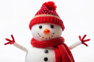 Isolated snowman with bright red hat and scarf against a pure white transparent background, perfect for winter festive season designs and illustrations.