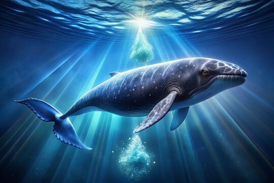 Vibrant illustration of a bowhead whale swimming serenely in a dark blue ocean, spotlighting its extraordinary ability to repair DNA, inspiring cancer research breakthroughs.