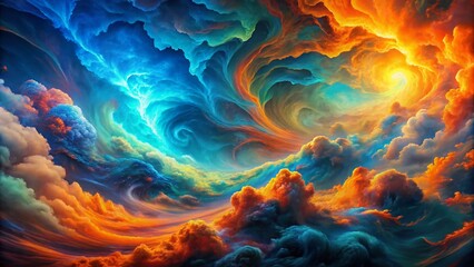 Vibrant digital artwork featuring swirling clouds of electric blue, neon green, and fiery orange hues, layered with intricate textures and energetic brushstrokes.