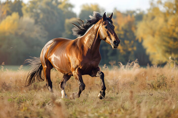 Obraz premium Graceful Brown Horse Running in a Field