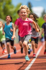 Child joyfully runs outdoor track, surrounded by active children exercising together