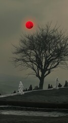 Sepia-toned selectively-colored outdoor photo of dark figures in silhouette on a hill with white statues under a red sun, bleak and dystopian vibe. From the series �Lost Cities of Central Asia.�