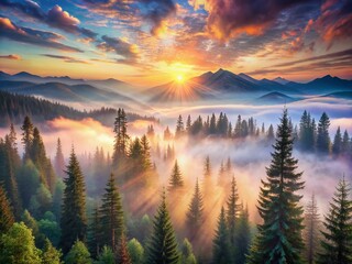 Fototapeta premium Vibrant sunlit mountain forest landscape with towering evergreen trees, misty fog, and a breathtaking sky featuring a kaleidoscope of pastel colors at dawn.