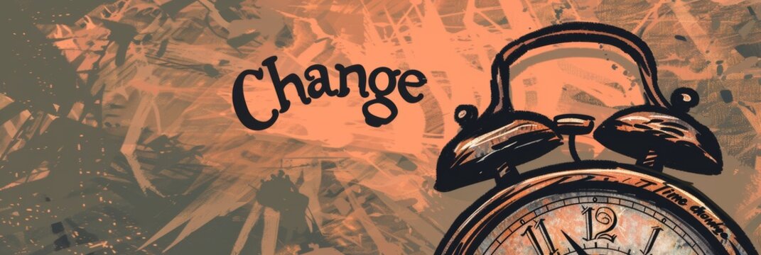 An illustration a clock with "Time Change" against a daylight saving time background