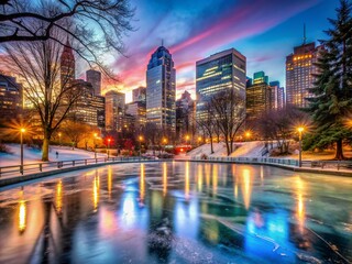 Naklejka premium Empty urban ice skating rink with frozen pond and surrounding cityscape buildings, colorful lights and trees reflecting on the serene ice surface at dusk.
