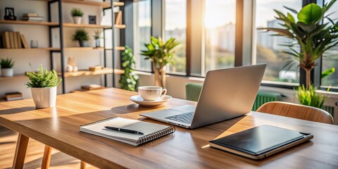 Fototapeta premium Business workspace with open laptop on wooden desk, surrounded by coffee cup, notebook, and pens, in a modern and minimalist home office setting.