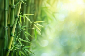 Sunlight is illuminating a bamboo forest, creating a serene and natural background